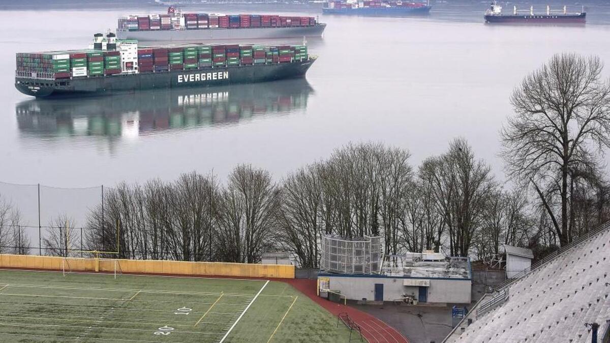 As seen from Stadium High School, a slowdown at the Port of Tacoma caused a backup of ships in Commencement Bay waiting to off load during 2014-15 negotiations between West Coast longshoremen and shipping interests.
