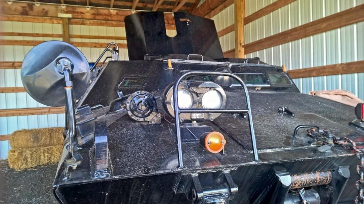 The Orting Police Department's V-150 Commando armored personnel carrier sits in a garage at the Washington Soldiers Home.