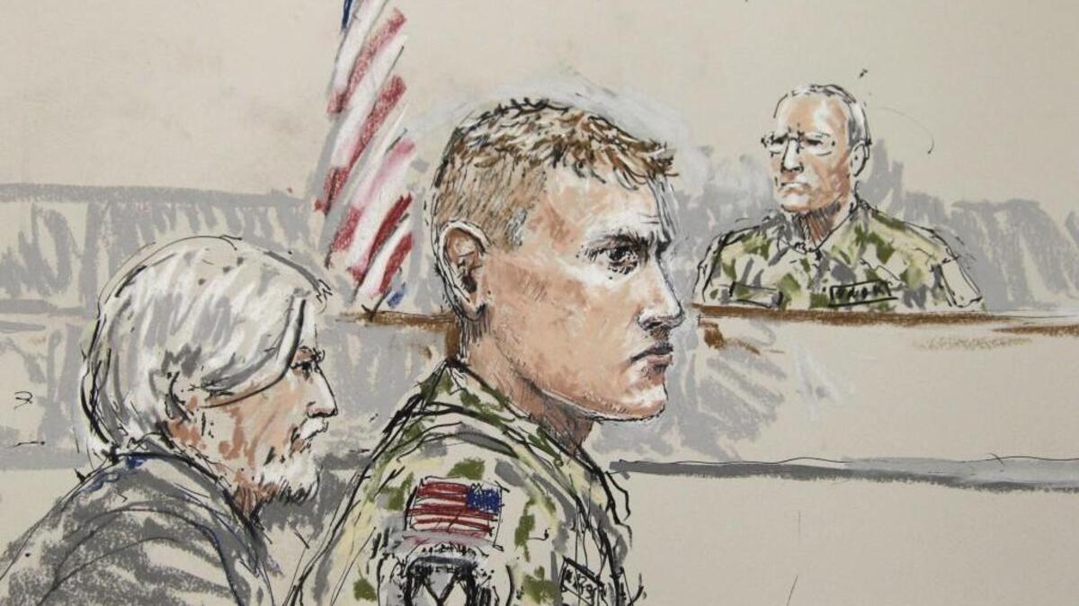 Former Army Staff Sgt. Calvin Gibbs, center, is shown in a sketch in a military courtroom at Joint Base Lewis-McChord.