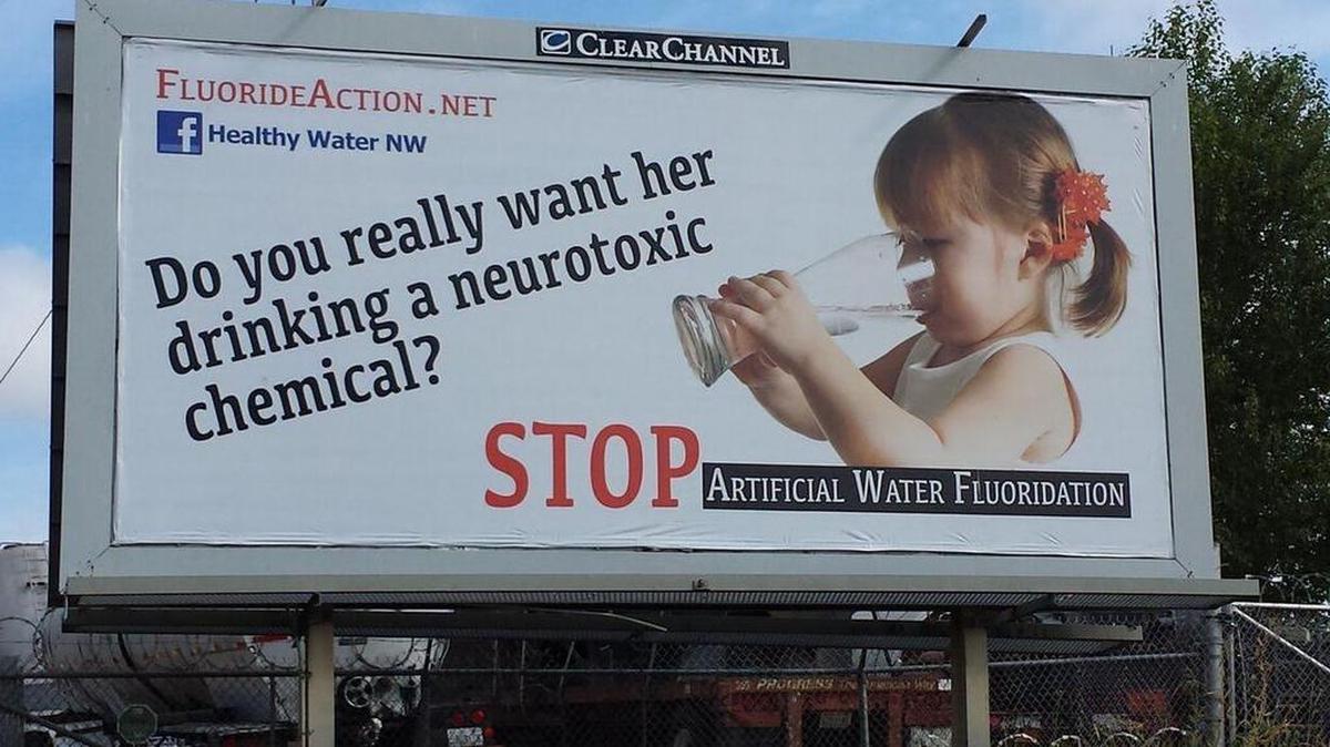 
One of four billboards in the Tacoma area claims that community fluoridation is toxic to children, an argument disputed by reputable medical experts.
