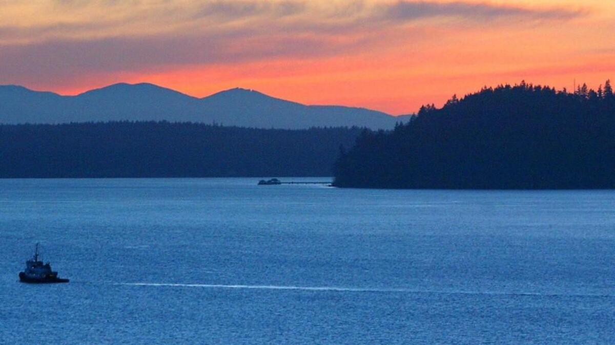 Photo taken in University Place captures sun setting behind McNeil Island.