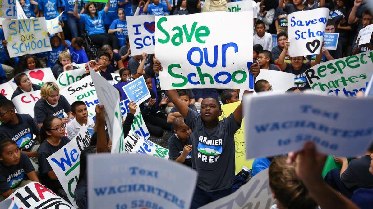 
Hundreds of students rally Thursday at Summit Sierra public charter school in Seattle's International District. Charter school students, parents and staff rallied to support the schools and to call for Gov. Jay Inlsee and the Legislature to show their support after the state Supreme Court ruled state funding of the schools to be unconstitutional. 
