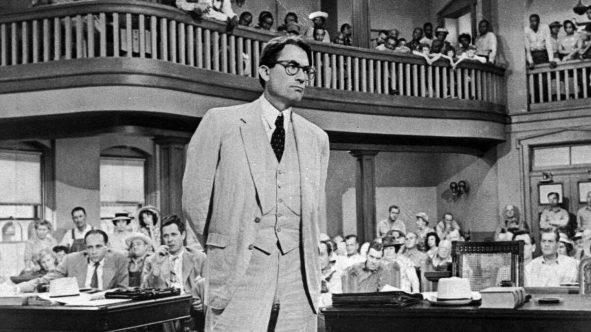 Actor Gregory Peck portrays Atticus Finch, a small-town Southern lawyer who defends a black man accused of rape, in a scene from "To Kill a Mockingbird," based on the novel by Harper Lee. Lee died Friday at age 89.