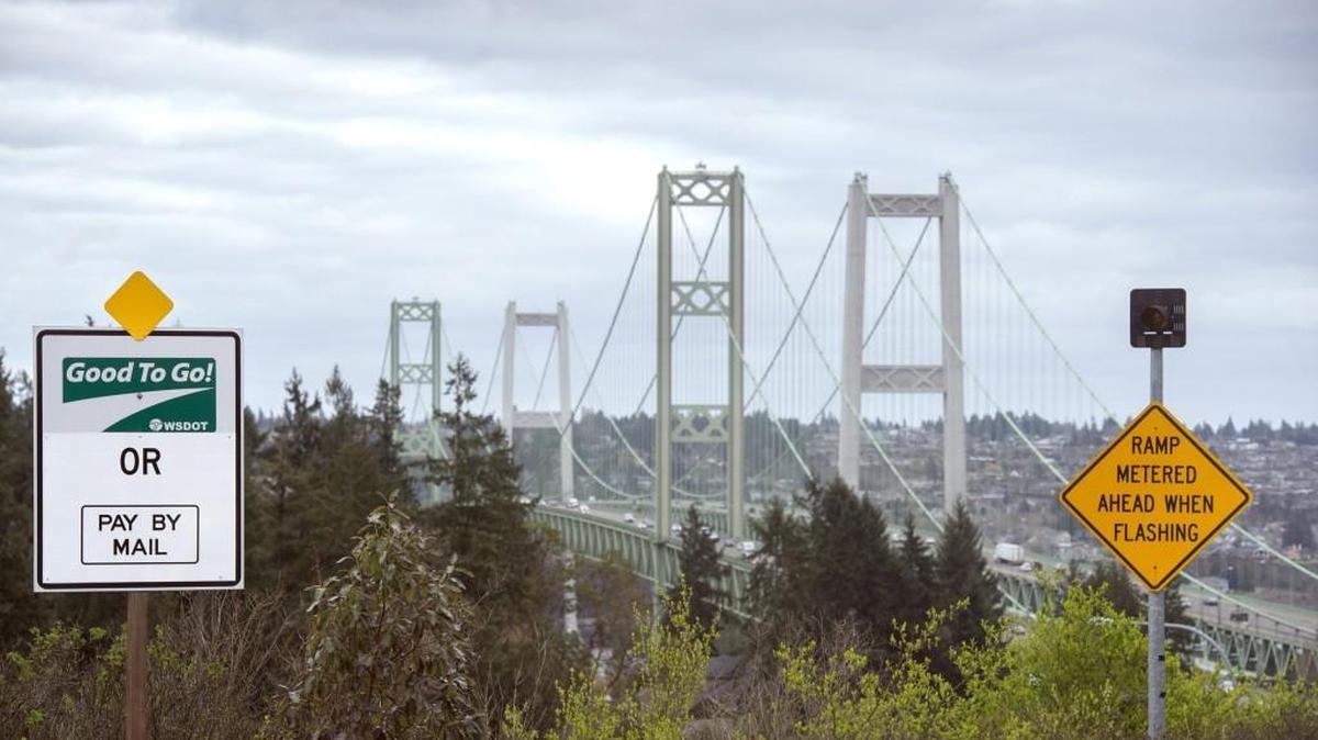 The Tacoma Narrows Bridges seen from the Gig Harbor side looking east.