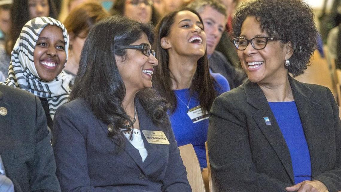 Tacoma Mayor Marilyn Strickland (right) enjoys a light moment before speaking at the 10th annual Global Honors Colloquium at the University of Washington Tacoma.