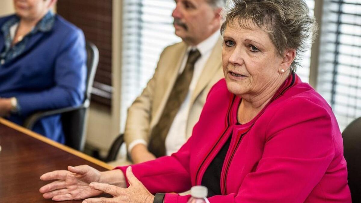 Democrat Carolyn Edmonds (right) is shown during a News Tribune editorial board endorsement interview with Pat Jenkins and Sen. Pam Roach. Edmonds wins the newspaper’s primary election endorsement.