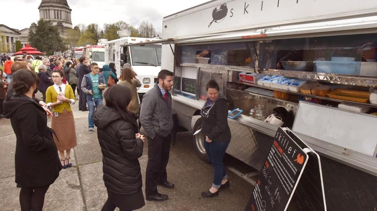 Vendors offering everything from pizza to grilled cheese sandwiches were on hand at the state Capitol campus last April as part of Food Truck Lobby Day, sponsored by the Washington State Food Truck Association.
