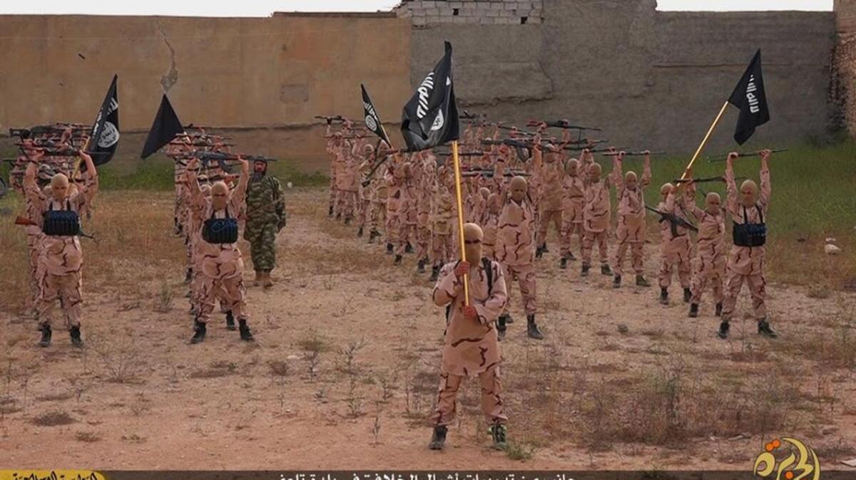 In this photo released in April 2015 by a militant website, which has been verified and is consistent with other AP reporting, young boys known as the “lion cubs” hold rifles and Islamic State group flags as they exercise at a training camp in Tal Afar, near Mosul in northern Iraq.