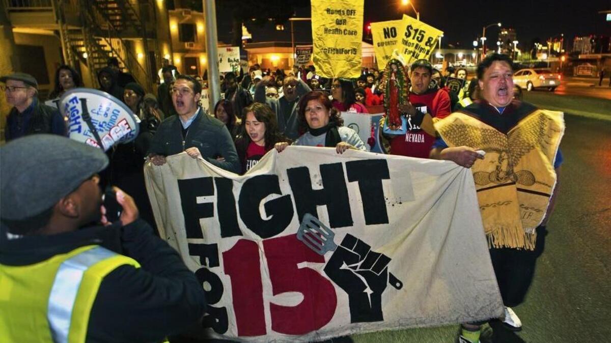 Fast-food restaurant workers and home and child-care workers in Las Vegas participated in protests nationwide for a $15 per hour minimum wage. 2016