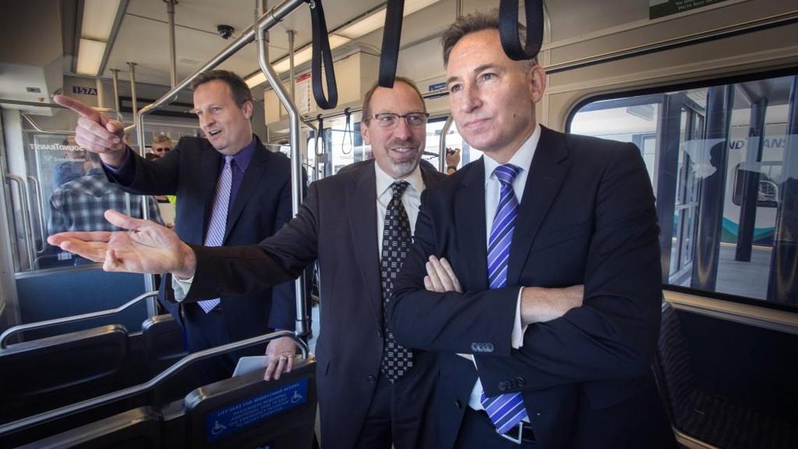 Sound Transit CEO Peter Rogoff, center, comes into the new Angle Lake Station with Sound Transit Board Chair Dow Constantine, right, and Board member Dave Upthegrove, left, in September 2016. Light rail will continue its move southward, including a planned arrival in Tacoma in 2030.