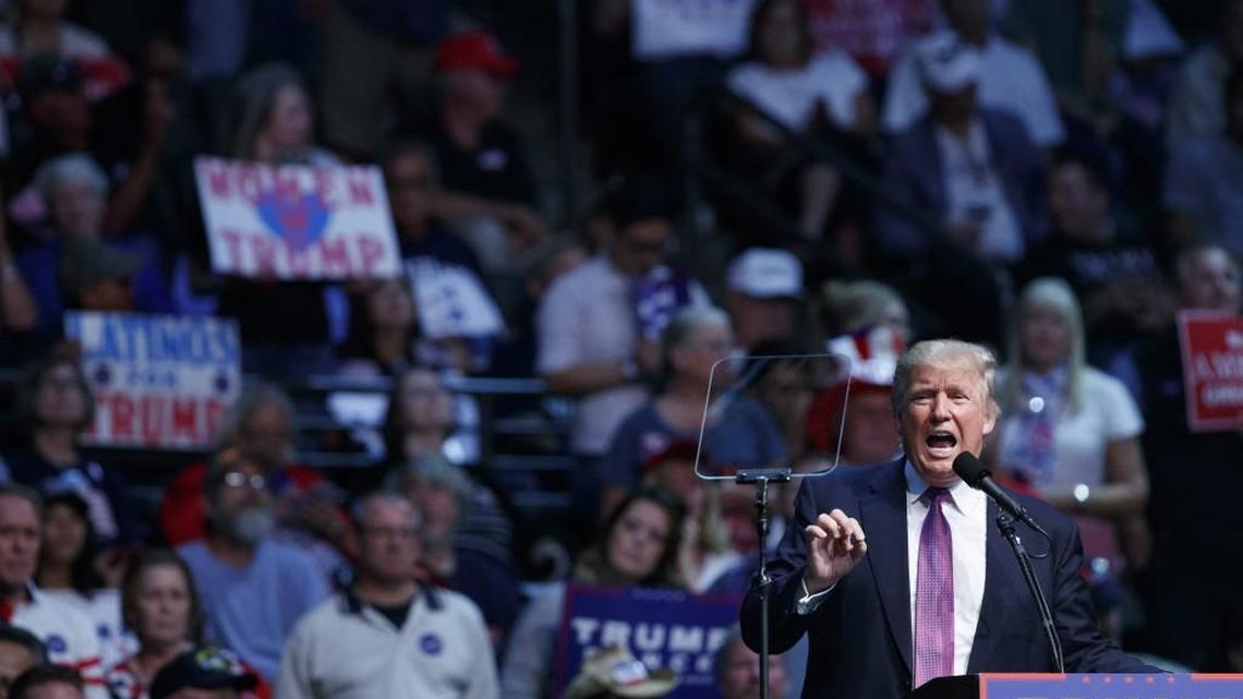 Donald Trump was the Republican presidential nominee when he last visited Washington state. Here, he speaks during a campaign rally at Xfinity Arena in Everett.