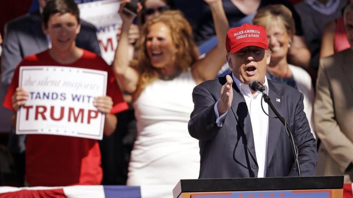 Republican presidential candidate Donald Trump speaks at a rally Saturday in Lynden, Wash.