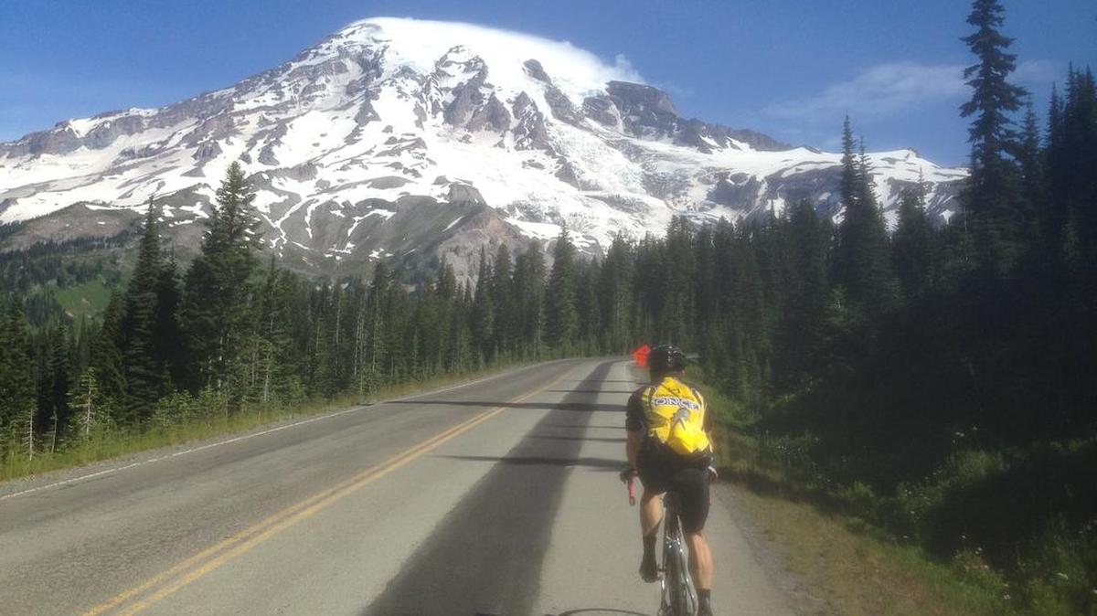 
Russ Meyers of Puyallup training near Paradise in June for the July 30 Ride Around Mount Rainier in One Day.

