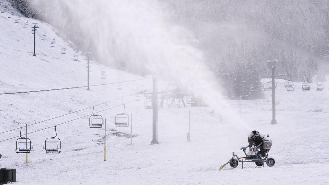 A snow gun blows out snow at Crystal Mountain Resort before the 2016-17 season. The resort added 29 guns before this season.