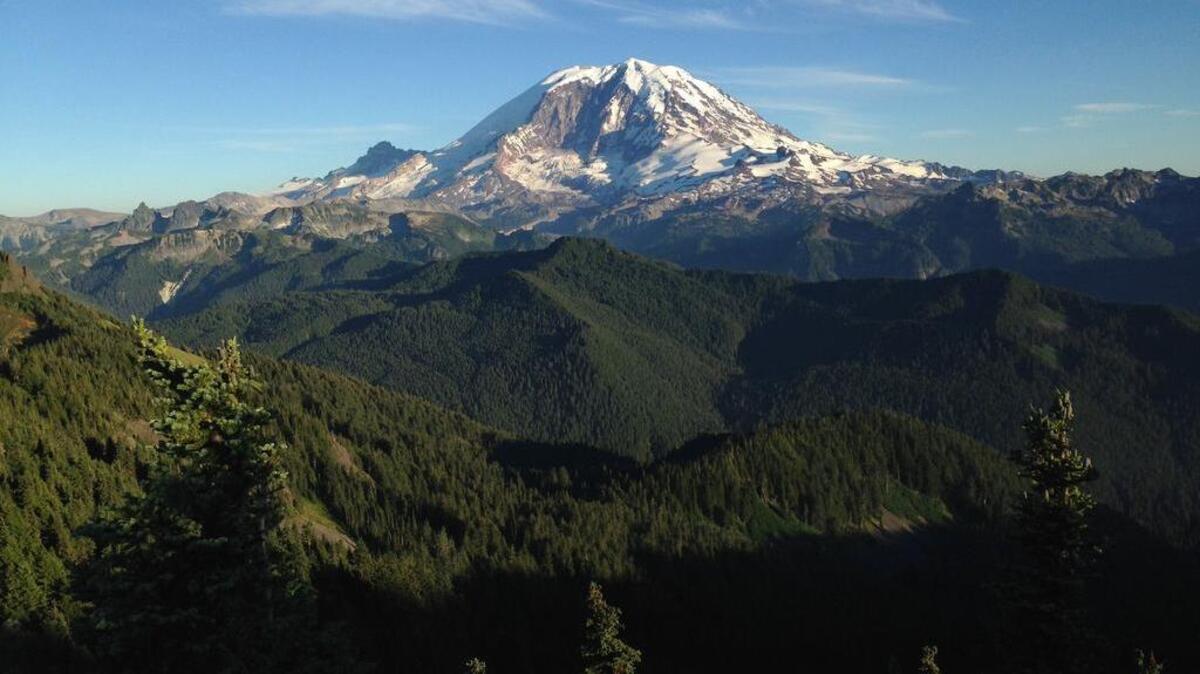 The view of Mount Rainier from atop 6,089-foot Bearhead Mountain.