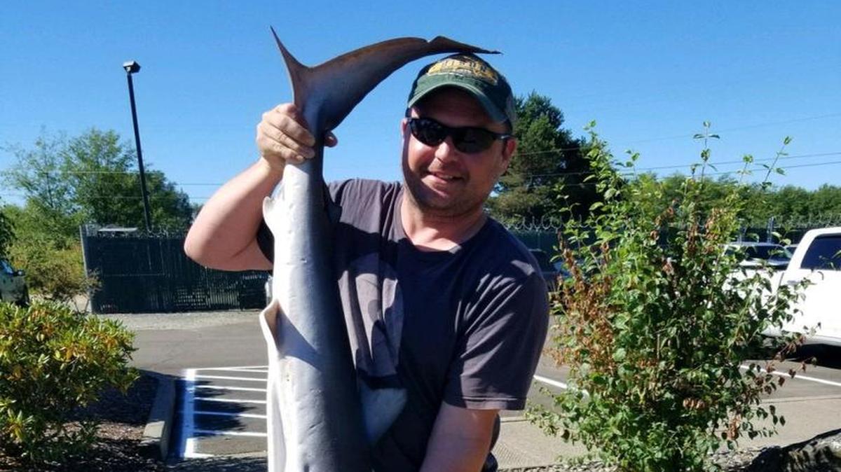 Zachary Johnson holds the 27.63-pound blue shark that establishes the state sports fish record for that species. He caught the shark July 30 57 miles off Westport while fishing for albacore tuna.