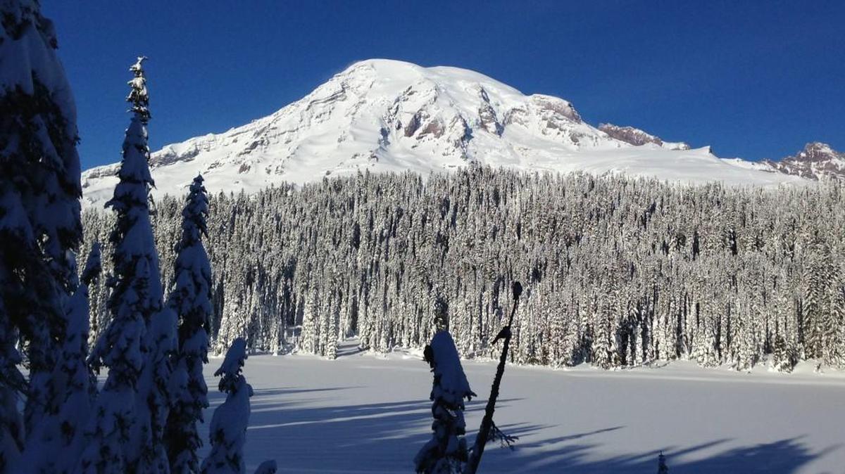 Reflection Lake at Mount Rainier can be reached by a short snowshoe walk.