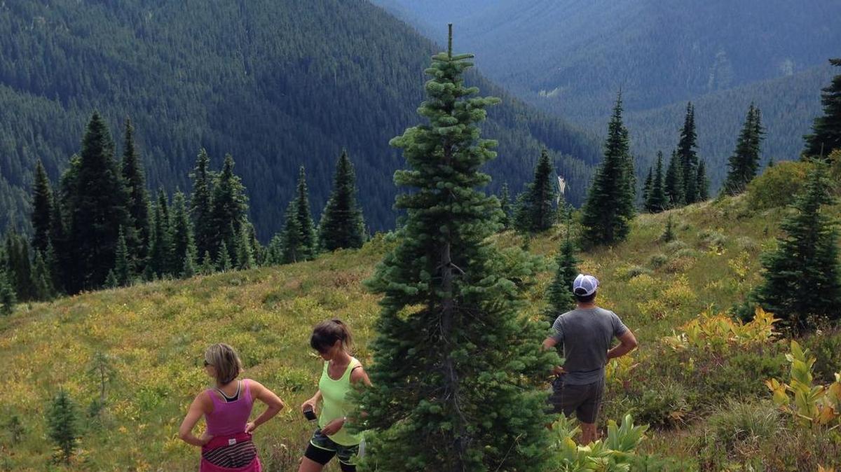 Hikers take in the view of the valley below the Naches Peak Loop Trail on a cloudy day in early August.