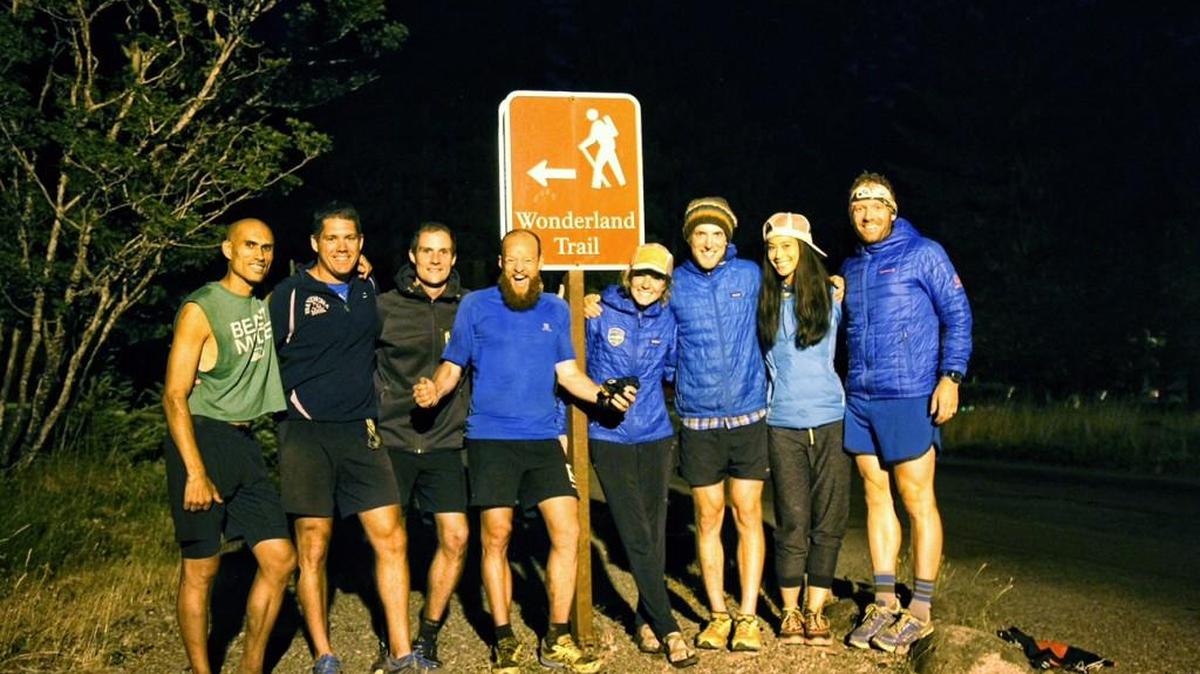 
Gary Robbins and his support crew at Longmire, from left, Yassine Diboun of Portland, Rich White of Tacoma, Jeff Pelletier of Vancouver, Robbins, Jennifer Love of Portland, Jeff Fisher of Portland, Kimberley Teshima of Los Angeles and Ethan Newberry of Los Angeles.
