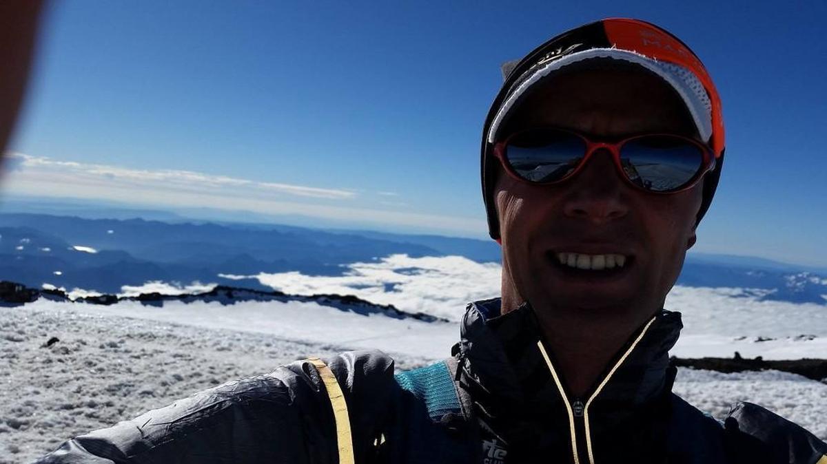 Uli Steidl, 44, snapped this selfie on the summit of Mount Rainier on July 26 as he set a new speed climbing record on the 14,411-foot peak.