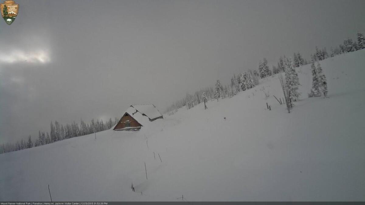 More than 125 inches of snow blanket the ground at Paradise in Mount Rainier National Park. This is a shot taken from a webcam Friday morning.