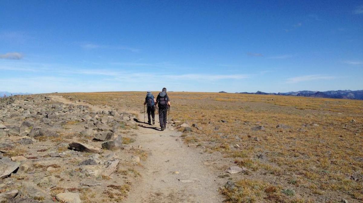 Hikers make their way back to Sunrise on the Burroughs mountain trail.