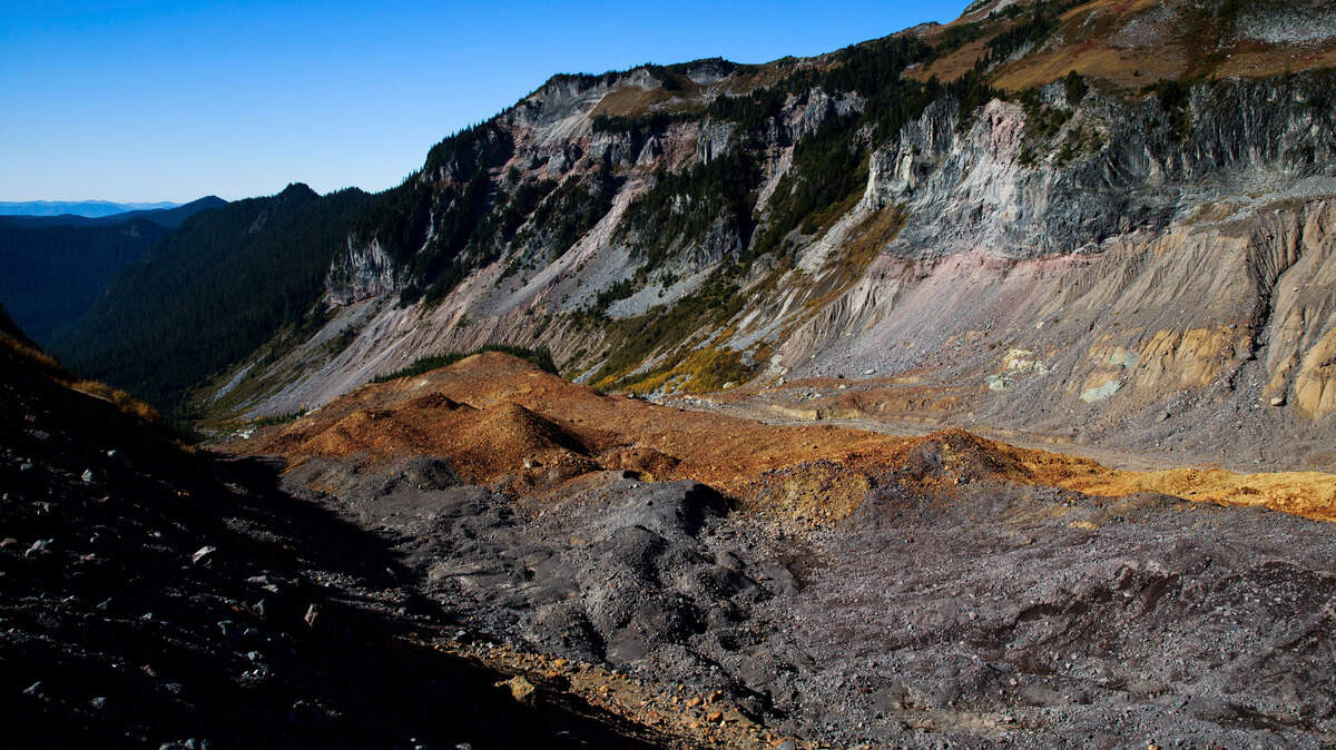 Debris sits where the Tahoma Glacier once flowed at Mount Rainier National Park in Washington state, Oct. 20, 2018. America’s glaciers are losing ice as the world warms. As they shrink and meltwater eventually declines, changes in water temperature, nutrient content and other characteristics will disrupt those natural communities.