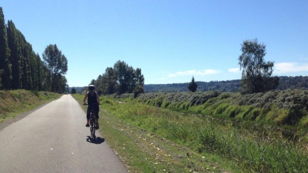 A cyclist makes her way south on the Sammamish River Trail, a 10.5-mile multi-use trail that stretches from Redmond to Bothell.
