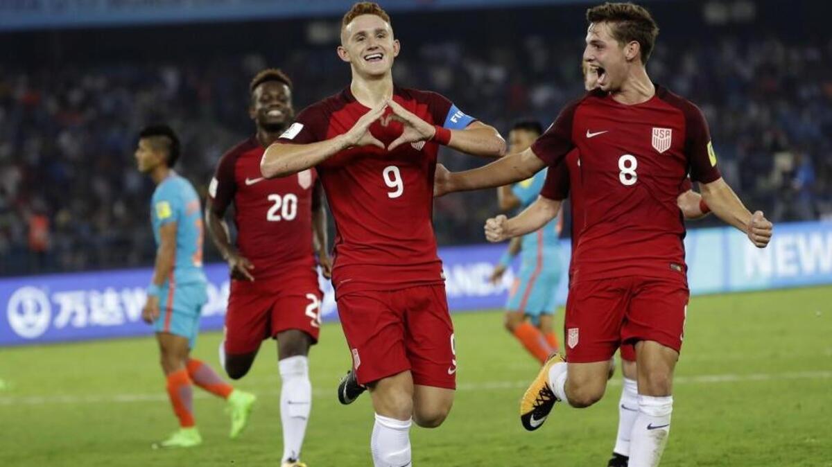 Josh Sargent, celebrating a goal against India during their FIFA U-17 World Cup match, could become the first player to appear for the U-17, U-20 and national team in the same year should he play vs. Portugal.