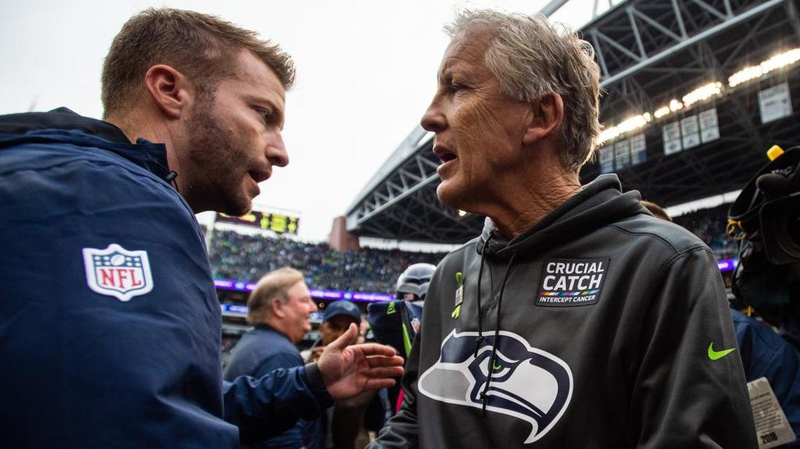 Rams Head Coach Sean McVay and Seahawks Head Coach Pete Carroll meet after the game. The Seattle Seahawks played the Los Angeles Rams in a NFL football game at CenturyLink Field in Seattle, Wash., on Sunday, Oct. 7, 2018.