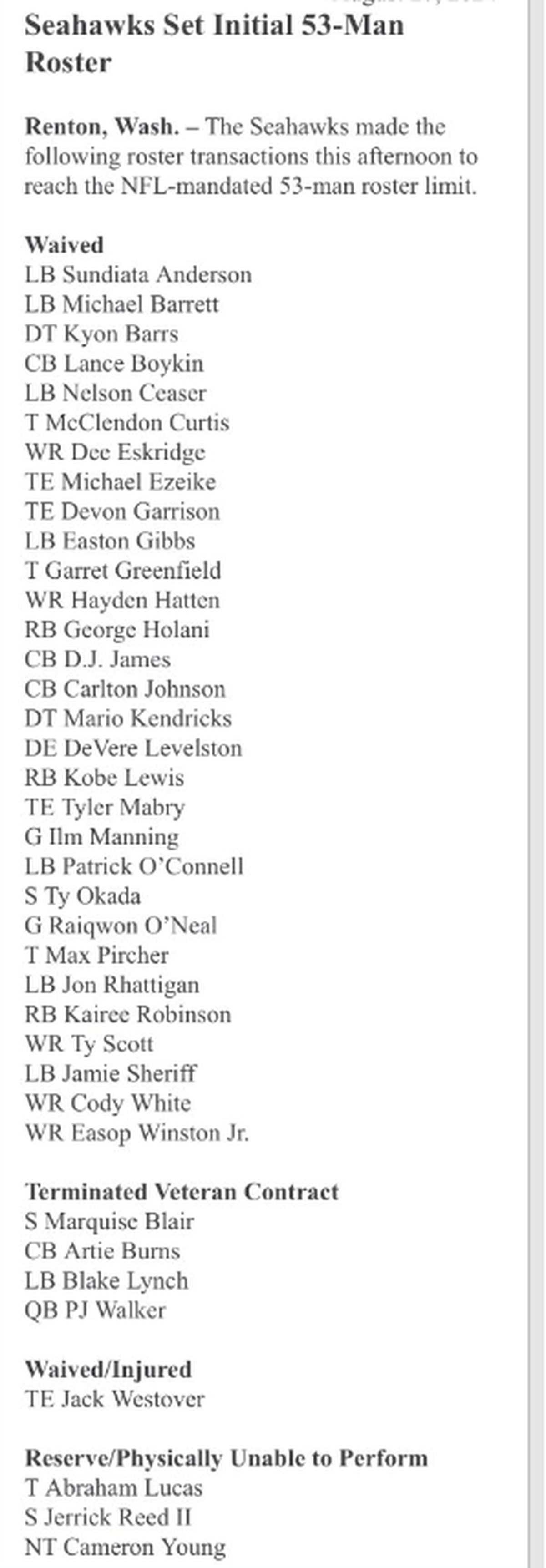Seahawks cuts and roster moves on Aug. 27, 2024, to get their 90-man preseason roster down to 53 players for the initial roster of the 2024 regular season.