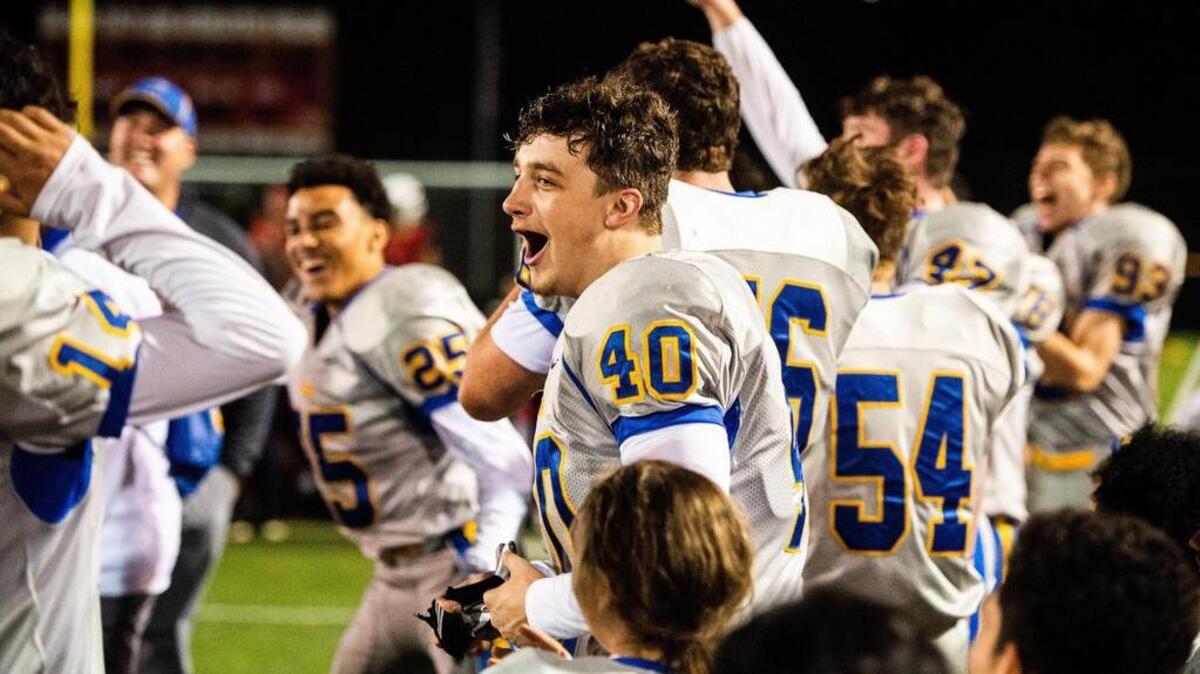 Fife players including Matthew Schwaerzler (40) celebrate Fife’s win. Fife played Steilacoom in a football game at Steilacoom High School in Steilacoom, Wash., on Friday, Oct. 26, 2018.