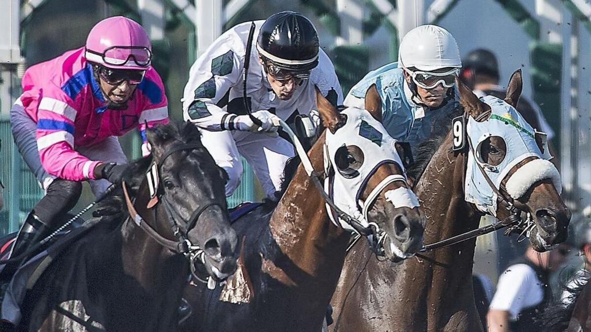 
Stryker Phd and jockeey Leslie Mawing, right, rallied from last place to win the Longacres Miles at Emerald Downs last year.
