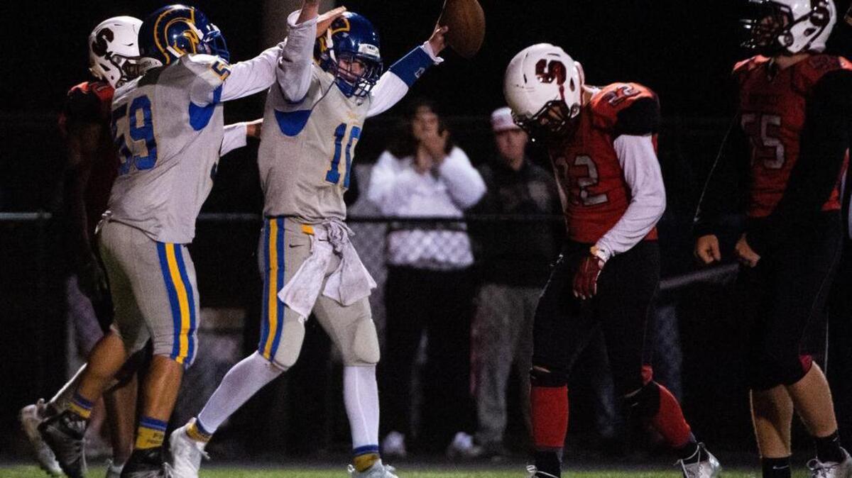 Fife’s Gannon Ginnis (10) celebrates a touchdown run in the third quarter. Fife played Steilacoom in a football game at Steilacoom High School in Steilacoom, Wash., on Friday, Oct. 26, 2018.