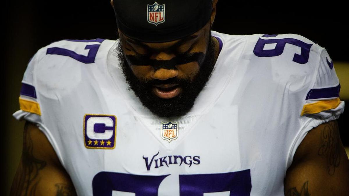 Vikings defensive lineman Everson Griffen (97) takes a moment before the game. The Seattle Seahawks played the Minnesota Vikings in a NFL football game at CenturyLink Field in Seattle, Wash., on Monday, Dec. 10, 2018.