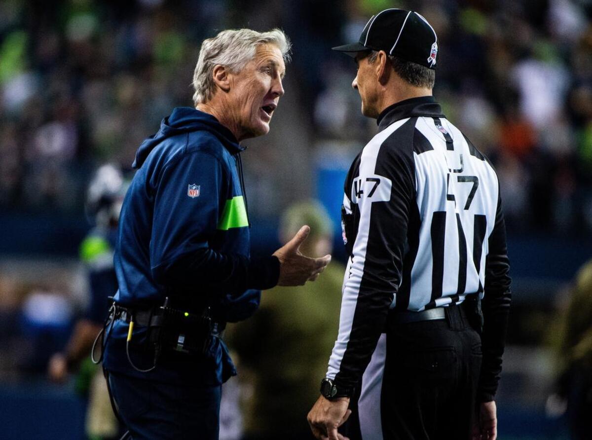 Seahawks Head Coach Pete Carroll argues with an official in the second quarter. The Seattle Seahawks played the Green Bay Packers in a NFL football game at CenturyLink Field in Seattle, Wash., on Thursday, Nov. 15, 2018.