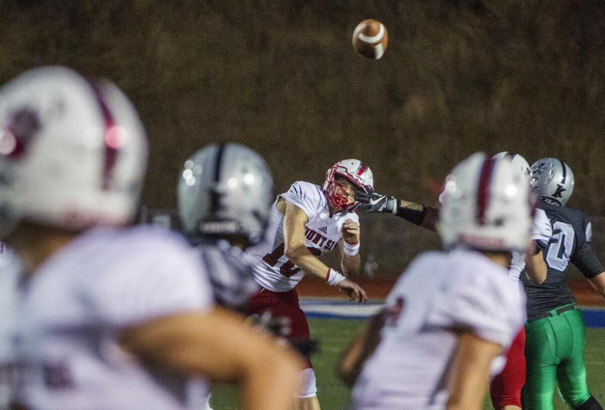 Quarterback Cale Millen of Mount Si High School throws in a football game against Kentwood at French Field in Kent, September 7, 2018. Mount Si dominated Kentwood.