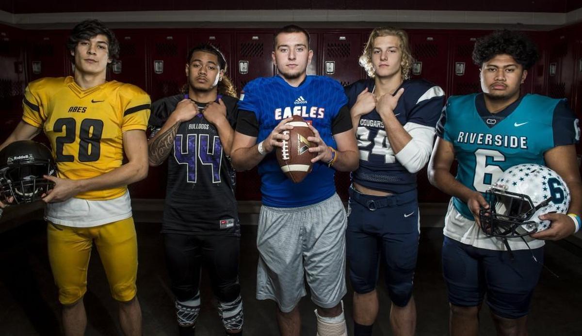 The first team backfield includes (from left): Lincoln’s Tristian Kwon, Foster’s Blessing Leiato, Graham-Kapowsin’s Dylan Morris, Cascade Christian’s Madden Tobeck, and Auburn Riverside’s Tiano Malietufa.