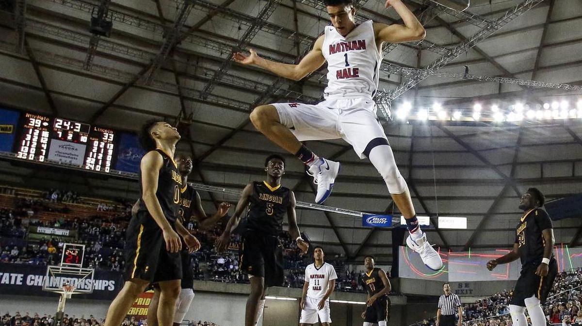 Nathan Hale’s Michael Porter Jr. (1) throws down a dunk in the second quarter. Lincoln played Nathan Hale in a basketball game at the Tacoma Dome in Tacoma, Wash., on Friday, March 3, 2017.