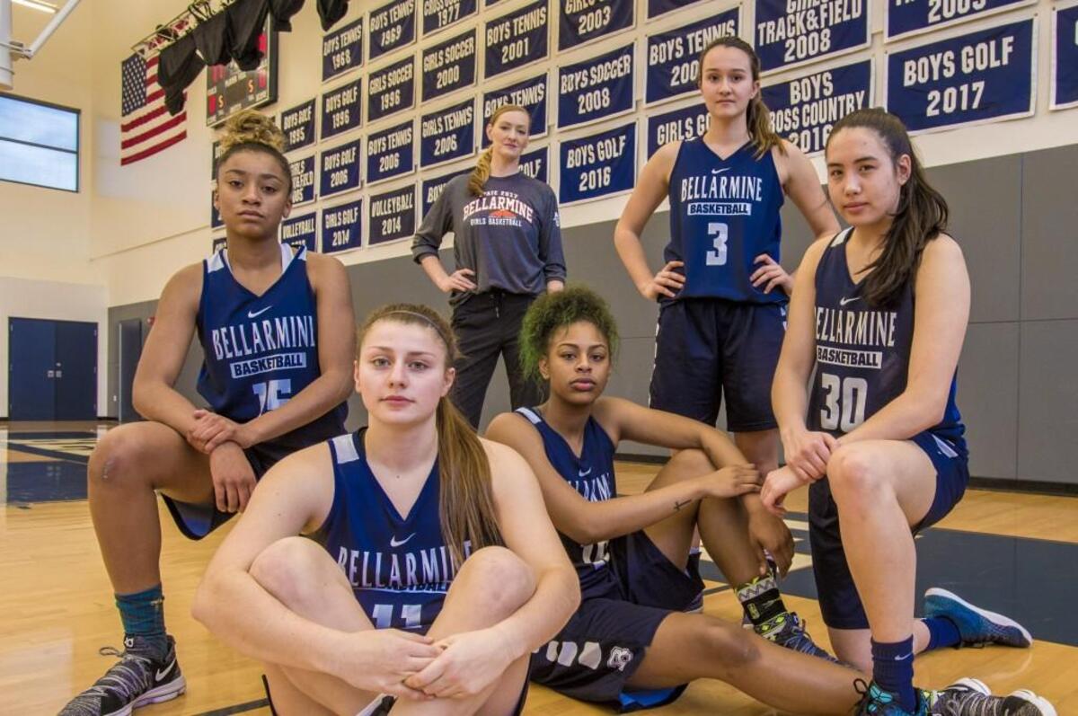All five of last years starters return to the lineup for the Bellarmine girls basketball team. Left to right, Reyelle Frazier, Jenny Hagle, Shalyse Smith, Madeline Garcia, and Ciara Gatpatan. Behind is coach Kim West. December 14, 2017