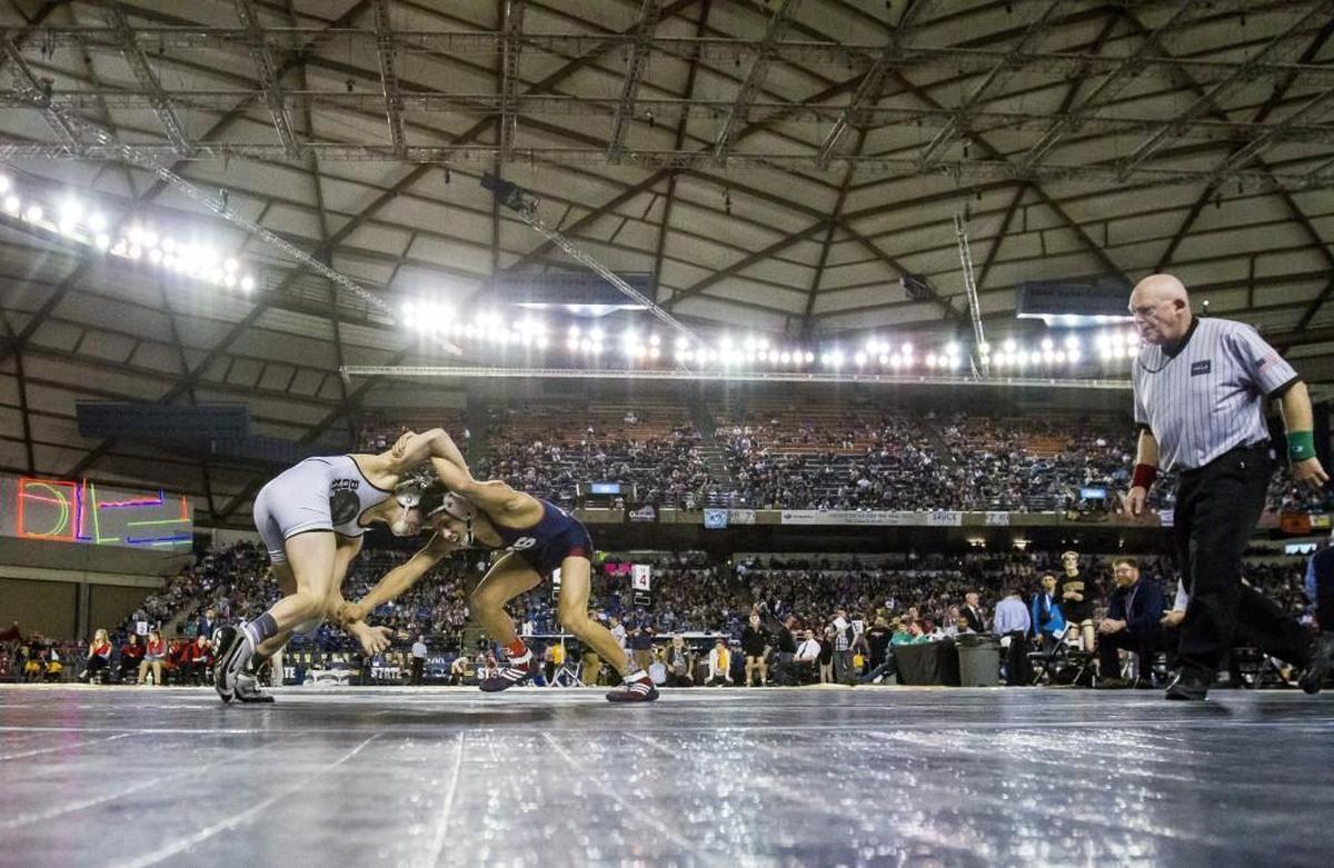 Bonney Lake's Brandon Kaylor wrestles Mt. Spokane's Blake Haney in the 3A 113 pound championship match at Mat Classic XXIX at the Tacoma Dome in Tacoma, Wash., on Saturday, February 18, 2017.