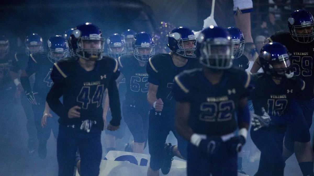 The Puyallup Vikings take the field before the game. Graham-Kapowsin played Puyallup in a football game at Sparks Stadium in Puyallup, Wash., on Thursday, Oct. 5, 2017.