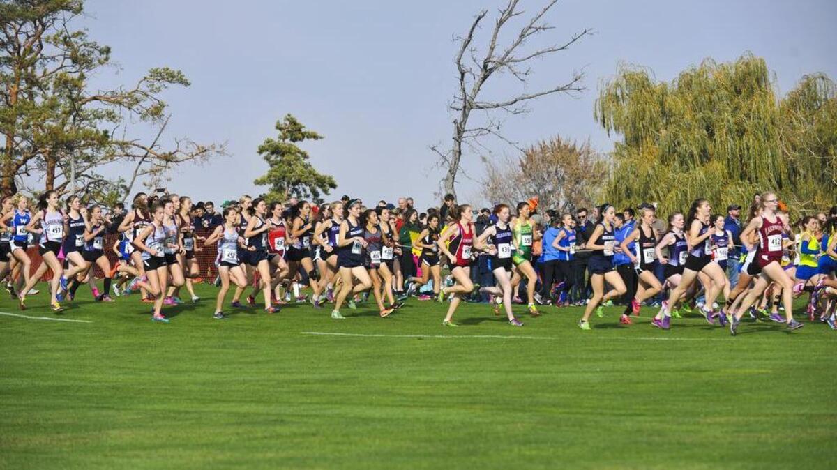 Racers make their way along a fairway during a girls state cross-country championship Saturday race Saturday at Sun Willows Golf Course in Pasco.