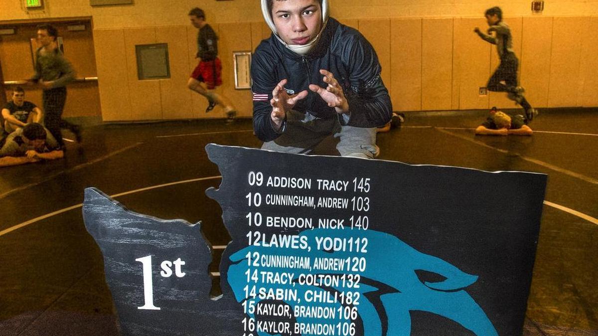 Bonney Lake's Brandon Kaylor, a junior who is an undefeated and nationally ranked wrestler for the Panthers at 113 pounds has already won two State titles and hopes to add his third at the Tacoma Dome this weekend. Tuesday 02/14/17 at Bonney Lake High School