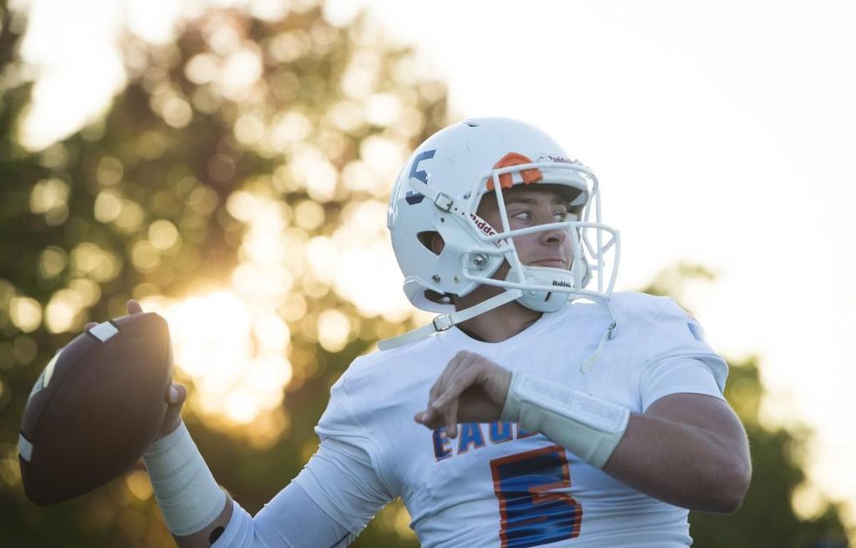 Graham-Kapowsin’s Dylan Morris warms up before the game. Graham-Kapowsin played Puyallup in a football game at Sparks Stadium in Puyallup, Wash., on Thursday, Oct. 5, 2017. Morris, a UW commit, was selected as the 4A SPSL’s offensive player of the year.
