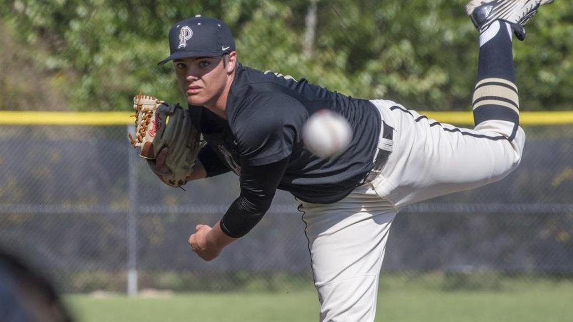 Pitcher Michael Newstrom of Puyallup throws in a 4A SPSL baseball game at Emerald Ridge, April 20, 2016. Emerald Ridge beat Puyallup, 4-2.