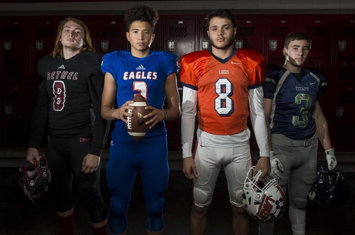 The first team pass catchers include Bethel’s Tristyn Gese, Graham-Kapowsin’s Tre Mason III, Lakes’ Cody Roe, and Todd Beamer’s Colin McKay. Photographed at Mount Tahoma High School in Tacoma, Wash., on Sunday, Nov. 19, 2017.