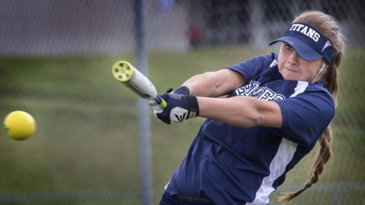 Todd Beamer Senior softball player Jourdin Hering bats at Thomas Jefferson High School on Wednesday, Apr. 27, 2016. Jourdin is playing in the final of her four years for her father's team and they're hoping to make it to the state tournament together for the fourth consecutive season.