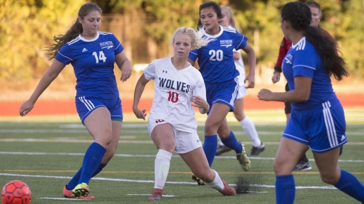 Black Hills senior forward Syndey Lowe during a game against Rochester at Tumwater District Stadium on Thursday, Sept. 28, 2017.