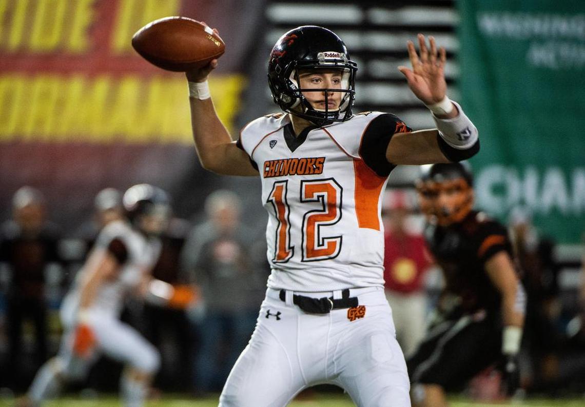 Kalama’s Alex Dyer (12) passes in the third quarter. Kalama played Napavine in the WIAA 2B football state championship game at the Tacoma Dome in Tacoma, Wash., on Friday, Nov. 30, 2018.